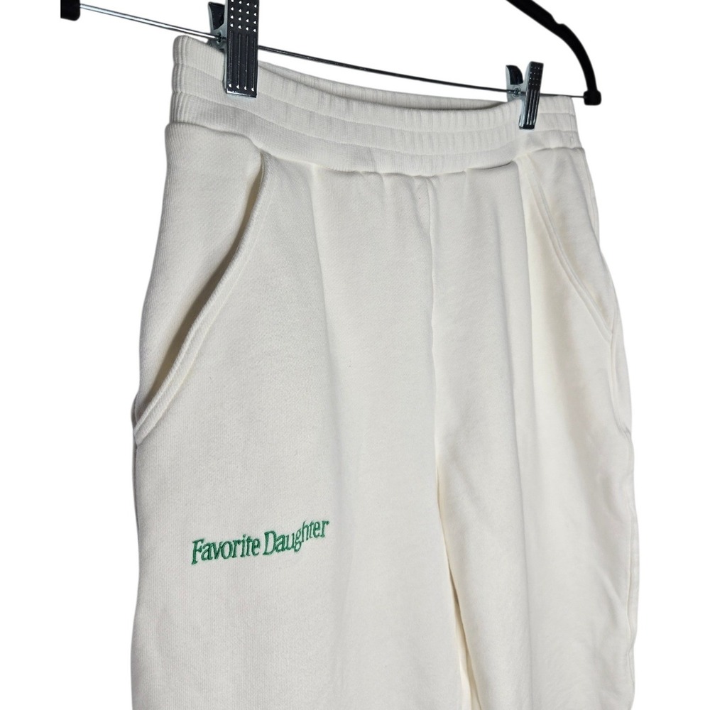 Favorite Daughter Logo Joggers S Ivory Cotton Sweatpants Green Embroidery - Picture 4 of 8
